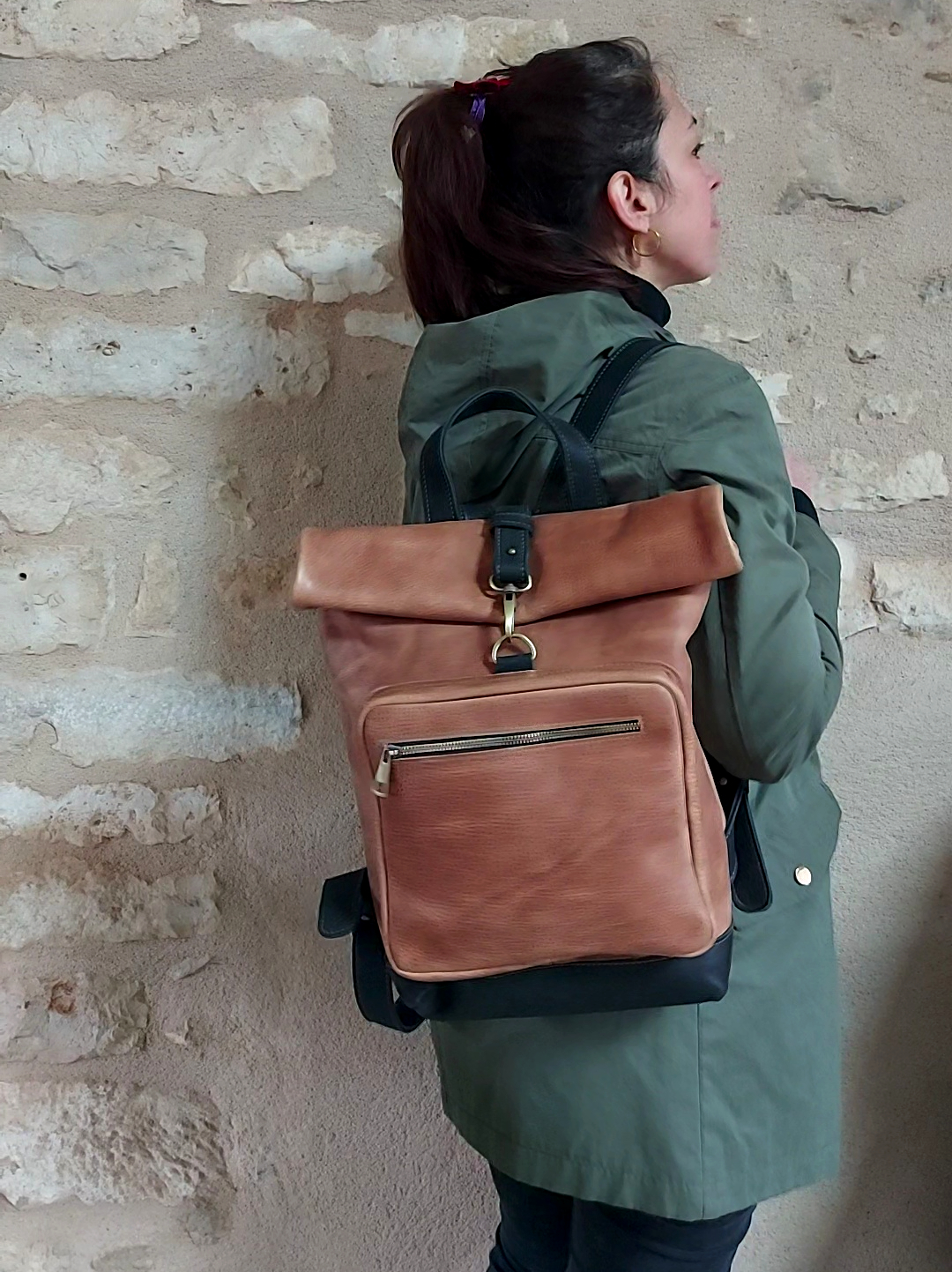 Sac à dos cuir camel vintage attache rapide