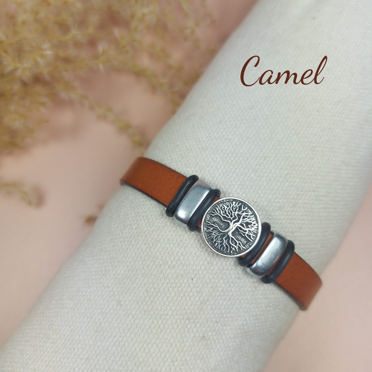Bracelet cuir camel arbre de vie