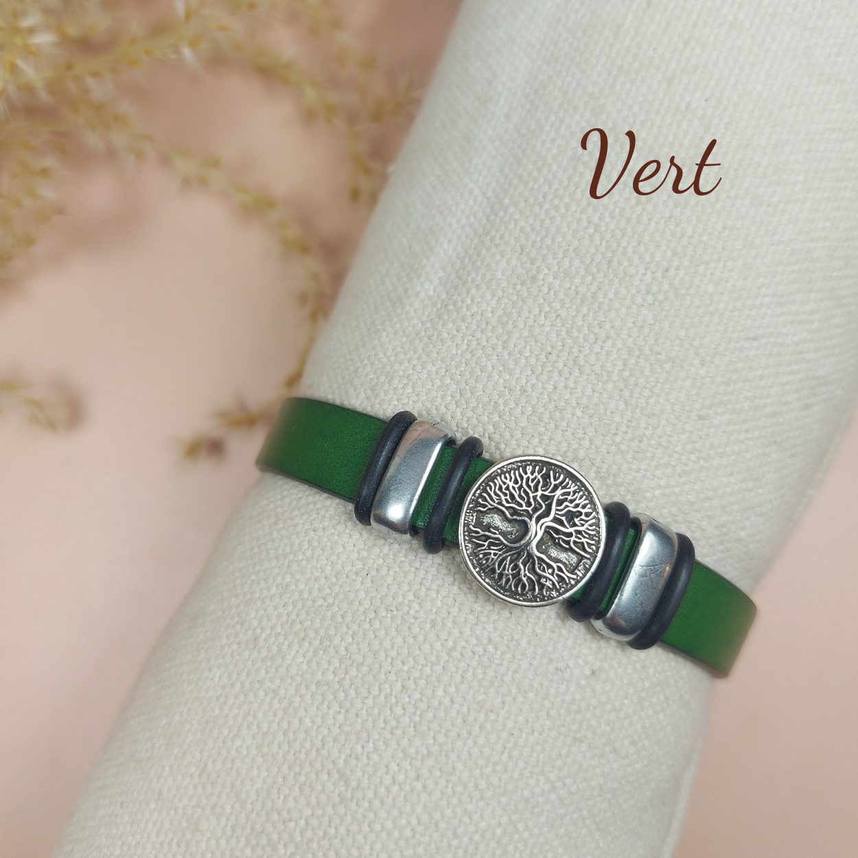 Bracelet cuir vert arbre de vie