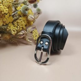 Ceinture noire fine en cuir boucle double arrondie argentée