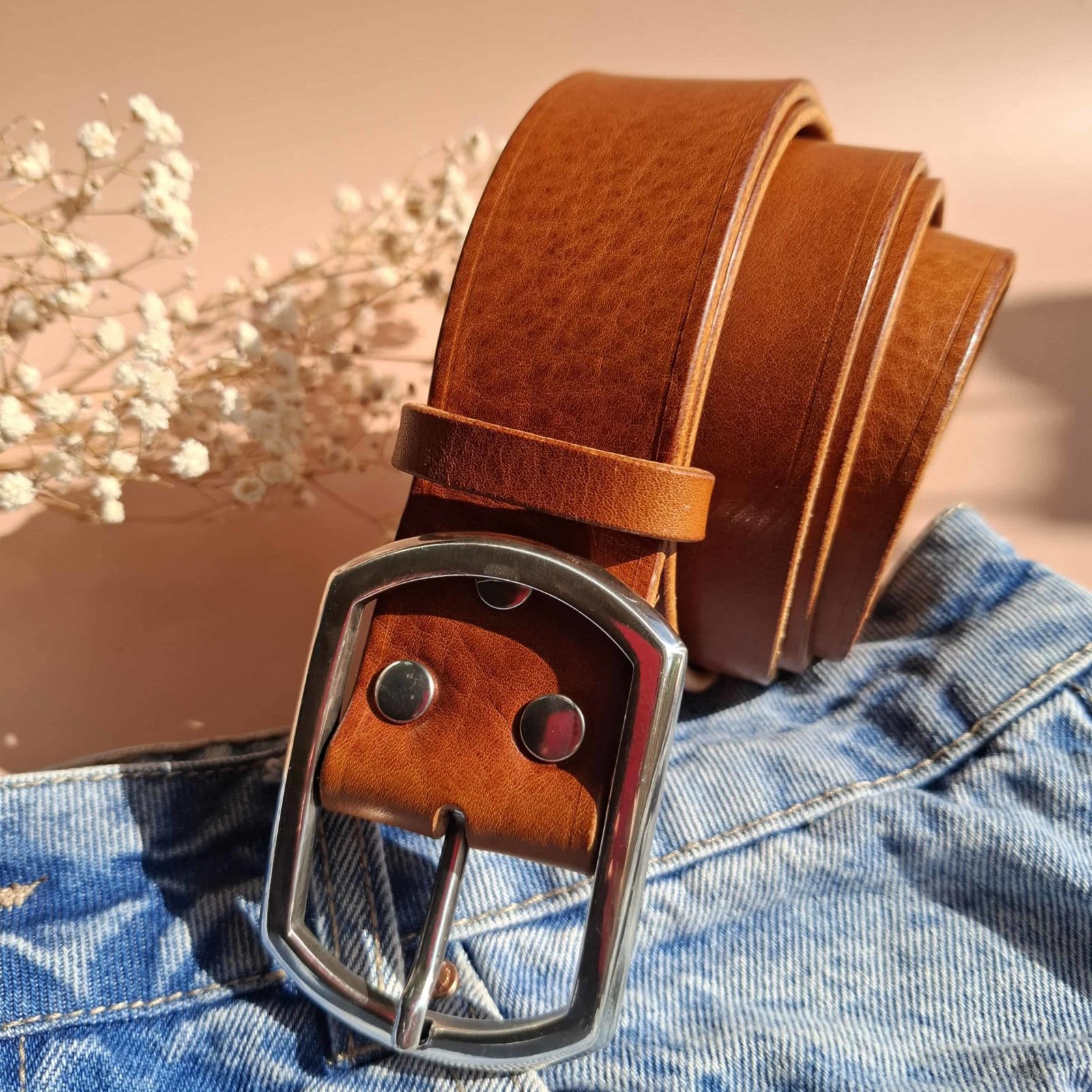 ceinture large cuir fauve boucle double laiton massif