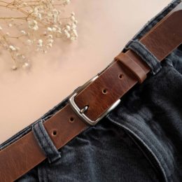 Ceinture artisanale cuir marron pull-up