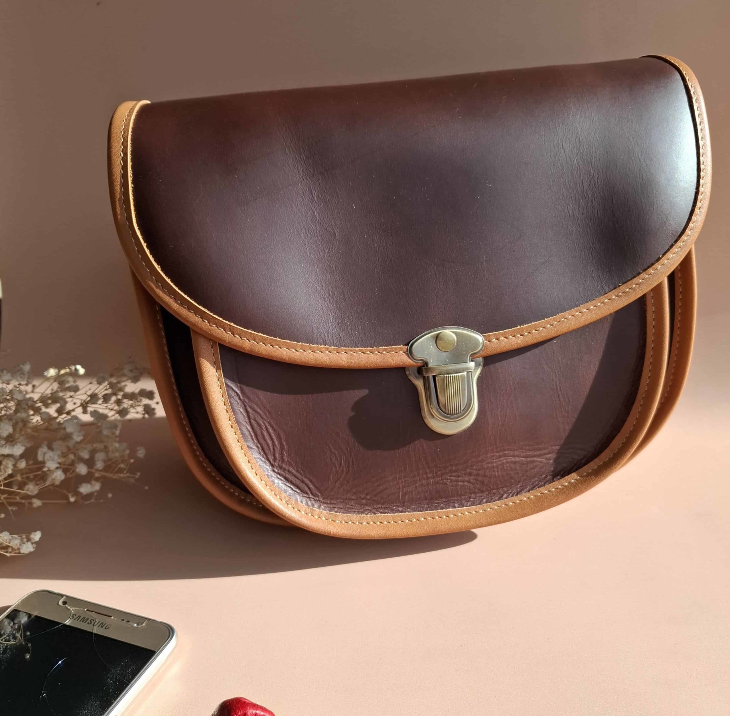 Besace en cuir marron et beige